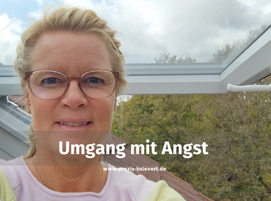 Selbstporträt einer lächelnden Frau mit blonden, geflochtenen Zöpfen und Brille an einem geöffneten Dachfenster, im Bild der Schriftzug „Umgang mit Angst“